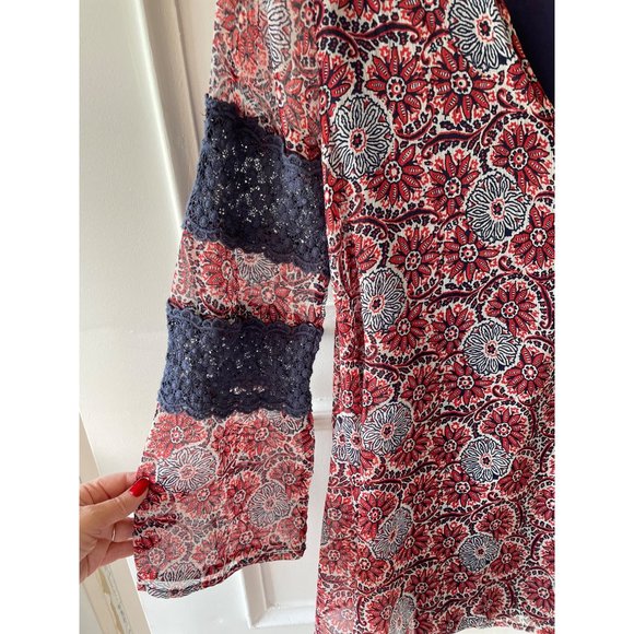 Volcom Red Navy Boho Dress True To This Tunic Cut Out Lace Inset Sleeves Lined, - Picture 6 of 15